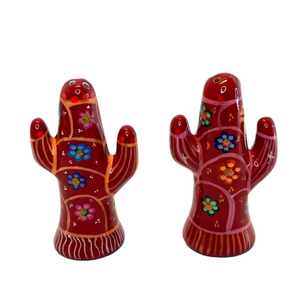 Pottery Cacutus Salt Pepper Shakers Mexico Bright Red Multi Coloured